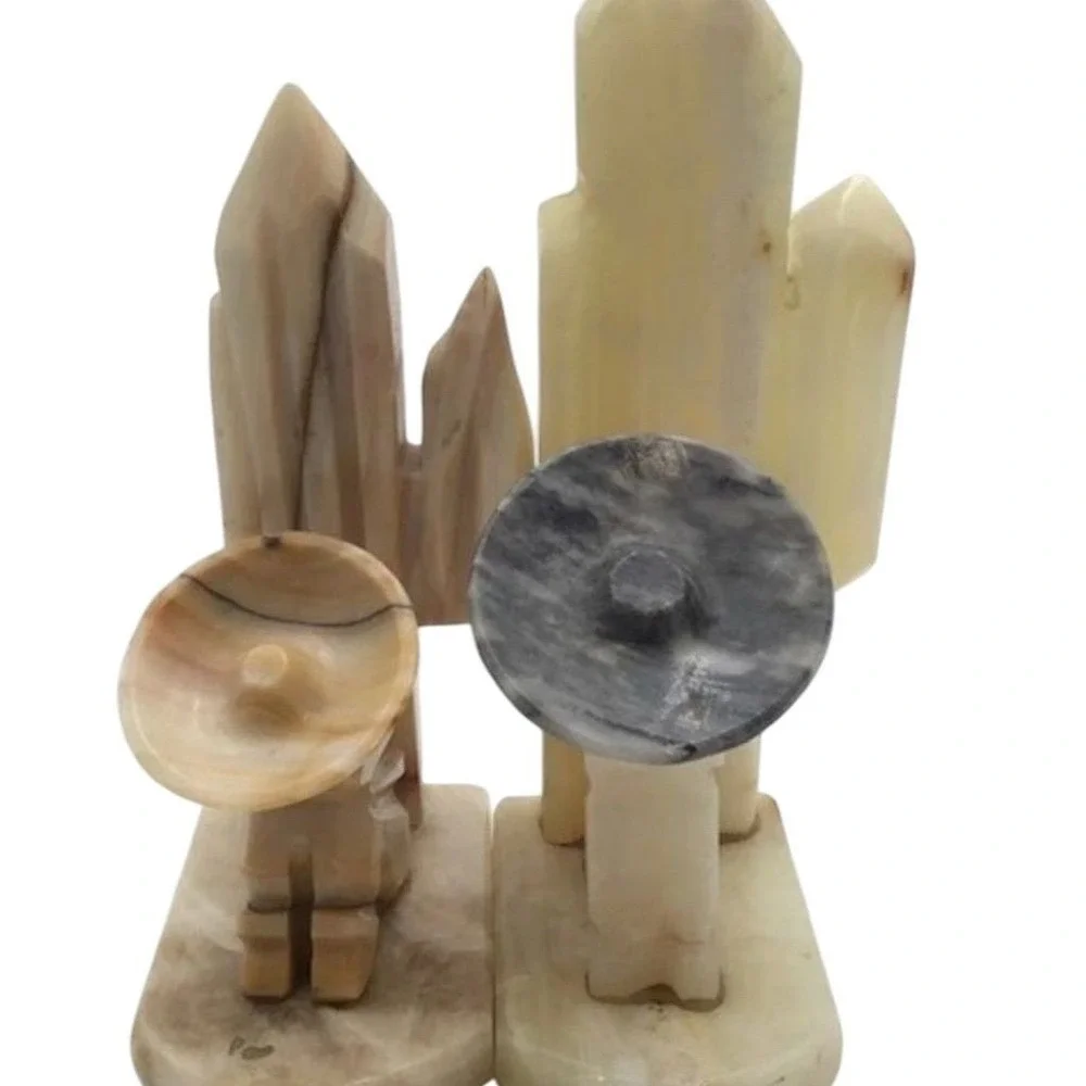 Vintage Carved Onyx Stone Bookends Mexican Siesta & Cactus Design